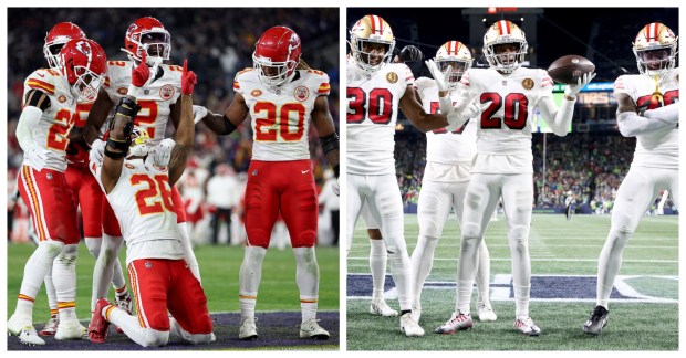 The defenses of the Kansas City Chiefs, left, and the San Francisco 49ers hope to be celebrating interceptions again in Super Bowl LVIII on Sunday, Feb. 11, 2024, at Allegiant Stadium in Las Vegas. (Photos by Getty Images)

