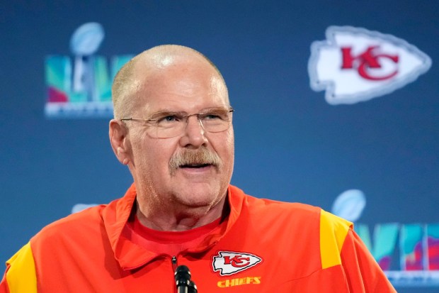 Kansas City Chiefs head coach Andy Reid smiles prior to answering a question during an NFL football media availability Thursday, Feb. 9, 2023, in Scottsdale, Ariz., just three days before play the Philadelphia Eagles in Super Bowl LVII. (AP Photo/Ross D. Franklin)
