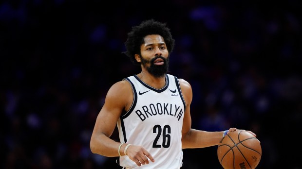 Former Taft High star Spencer Dinwiddie, seen playing for the Brooklyn Nets Feb. 3, 2024, against the 76ers in Philadelphia, is reportedly set on signing with the Lakers once he clears waivers. (AP Photo/Matt Slocum)
