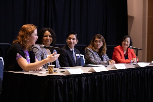 Panelists discuss affordable housing solutions at the Nov. 17 summit at Cal State Fullerton. (Courtesy of CSUF News Media Services)