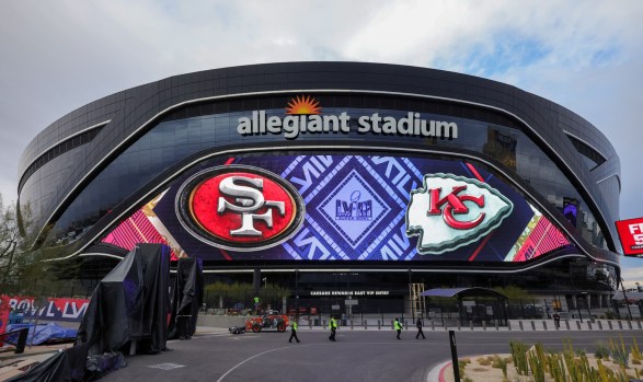 A video board displays logos for Super Bowl LVIII at Allegiant Stadium on February 01, 2024 in Las Vegas, Nevada. The game will be played on February 11, 2024, between the Kansas City Chiefs and the San Francisco 49ers. (Photo by Ethan Miller/Getty Images)
