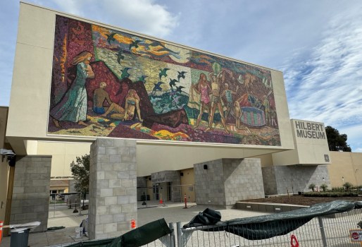 “Pleasures Along the Beach,” a mosaic mural done by Millard Sheets for a Home Savings branch, has a new home outside the Hilbert Museum of California Art in Orange. The mural “represents California so well,” says museum founder Mark Hilbert. (Photo by David Allen, Inland Valley Daily Bulletin/SCNG)

