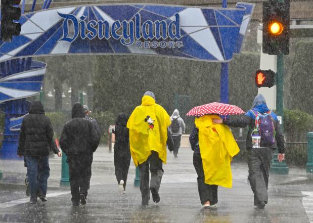 People cross Harbor Boulevard at the eastern entrance to the Disneyland Resort during a rain storm in Anaheim, CA, on Tuesday, January 10, 2023. (Photo by Jeff Gritchen, Orange County Register/SCNG)