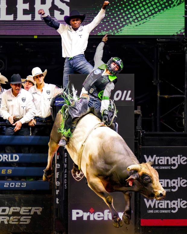 Jose Vitor Leme of the Austin Gamblers rides the bull Brusta in extra outs to win the event title against the Oklahoma Freedom in the finals of the Professional Bull Riders team event at Honda Center in Anaheim on Sunday, August 13, 2023. (Photo by Leonard Ortiz, Orange County Register/SCNG)