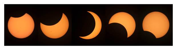 A composite of images taken during the annular solar eclipse as seen from Caspers Wilderness Park in San Juan Capistrano early Saturday morning, October 14, 2023, At the height of the eclipse, the moon covered approximately 70 percent of the sun's surface. (Photo by Mark Rightmire, Orange County Register/SCNG)