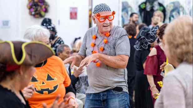 Bernie Budzyn of Orange dances to the music as approximately 150 seniors gather for the Halloween costume party put on by Meals on Wheels Orange County and the Orange Senior Center on Friday, October 27, 2023 at the Orange Senior Center in Orange. (Photo by Mark Rightmire, Orange County Register/SCNG)