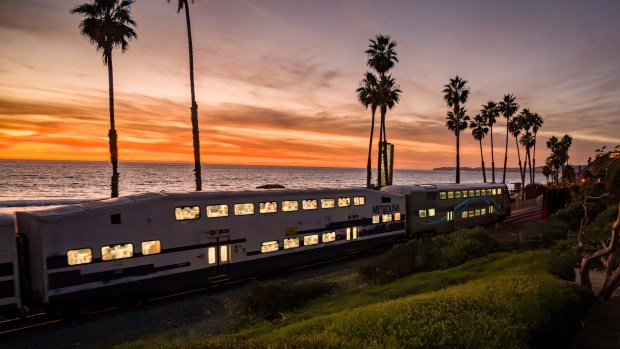 A southbound Metrolink train passes by Parque del Mar at sunset in San Clemente on Thursday, November 9, 2023 (Photo by Leonard Ortiz, Orange County Register/SCNG)