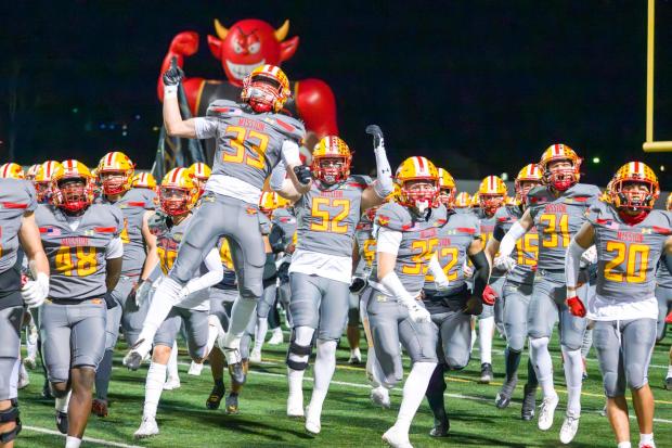 The Mission Viejo football team takes to field before their game against Granite Hills in the CIF Southern California Regional Division 1-AA championship game at Mission Viejo High School in Mission Viejo on Friday, December 1, 2023. (Photo by Leonard Ortiz, Orange County Register/SCNG)