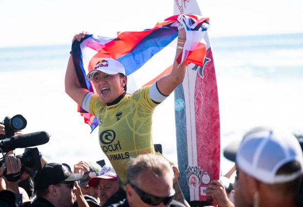 Carissa Moore celebrates after winning the Rip Curl World Surf League Finals at Lower Trestles in San Clemente, CA on Tuesday, Sept. 14, 2021. (Photo by Paul Bersebach, Orange County Register/SCNG)