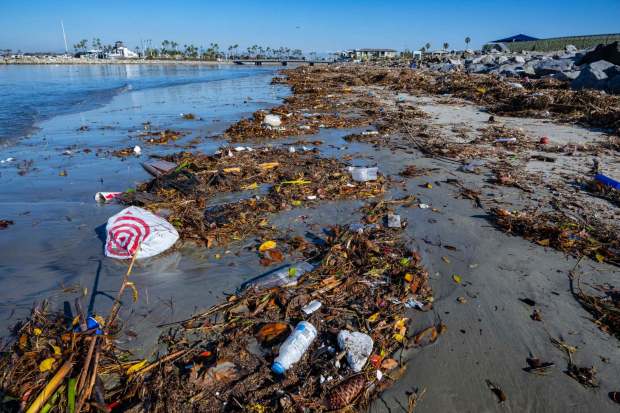 Trash and plant matter is piled up along the bank of the San Gabriel River just a few hundred yards from the Pacific Ocean in Seal Beach on Tuesday morning, December 13, 2022. Recent heavy rains have sent trash flowing down the river from many miles inland. (Photo by Mark Rightmire, Orange County Register/SCNG)