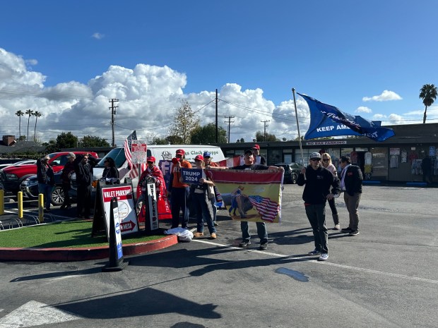 A small group of supporters of former President Donald Trump gathered outside an event for former South Carolina Gov. Nikki Haley in Costa Mesa on Wednesday, Feb. 7, 2024. (Photo by Kaitlyn Schallhorn, Orange County Register/SCNG)