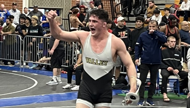 Fountain Valley’s Khale McDonnell celebrates his victory in the 190-pound final at the CIF Southern Section Inland Division championships Saturday, February 10 2024, at Fountain Valley High School. (Photo by Steve Fryer, Orange County Register/SCNG)
