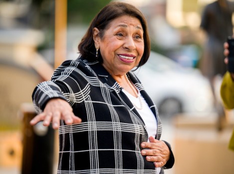 Sylvia Mendez, 87, speaks with faculty and future teachers from Vanguard University during a visit the historic Mendez Tribute Monument Park in Westminster on Tuesday, Jan. 30, 2024. (Photo by Leonard Ortiz, Orange County Register/SCNG)
