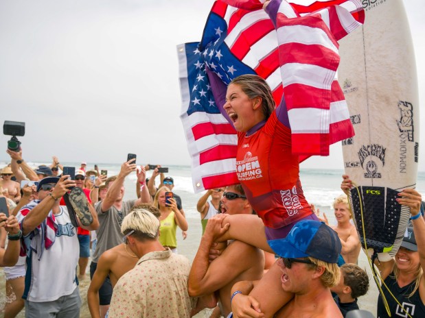 Sawyer Lindblad celebrates after winning the Womenxe2x80x99s US Open of Surfing in Huntington Beach on Sunday, Aug. 6, 2023. (Photo by Leonard Ortiz, Orange County Register/SCNG)