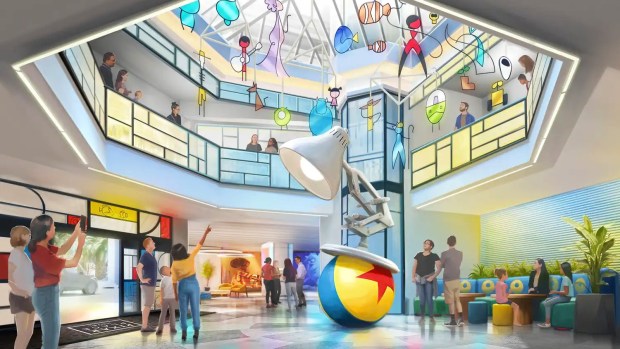 Concept art of the Pixar Place Hotel lobby. (Disney)