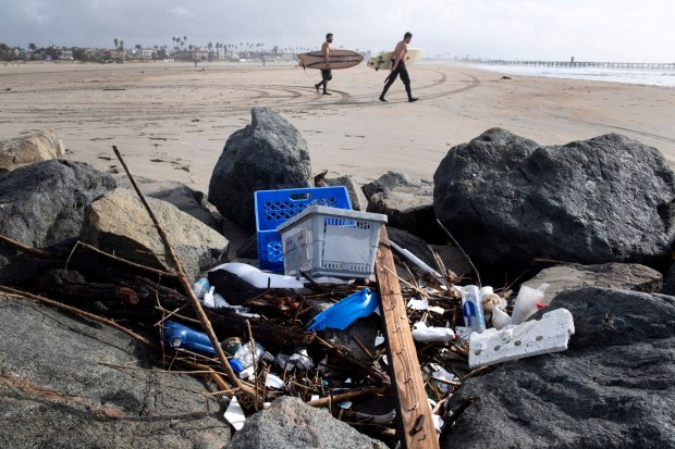 A week of storms left trash and debris at the Seal Beach jetty in Seal Beach, CA on Friday, January 18, 2019. Free the Ocean, an ocean trivia website, raises money to help non-profit groups collect plastics from oceans and beaches. (Photo by Paul Bersebach, Orange County Register/SCNG)