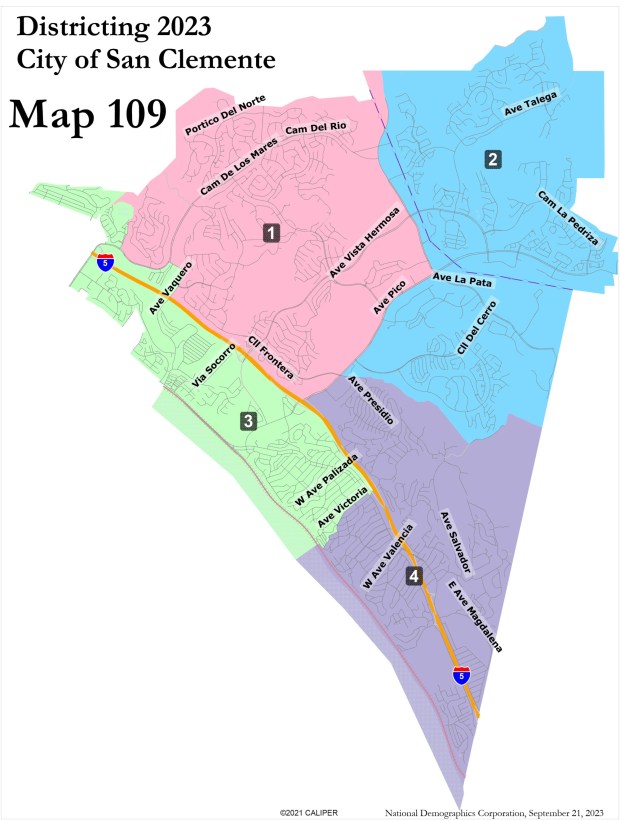 The San Clemente City Council chosen Map 109 to divide the city into four voting districts on Tuesday, Oct. 17. (Courtesy of City of San Clemente)