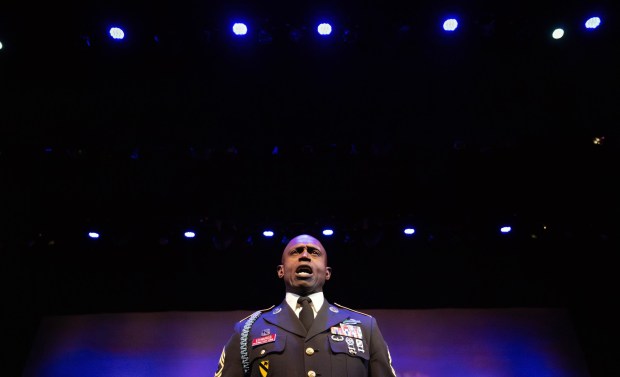 An imposing and authoritative figure, Master Sgt. Timothy Edwards gets ready to dismiss Sunburst Youth Academy's 32nd class after graduation ceremonies at La Mirada Theatre on Wednesday, December 13, 2023. 156 cadets finished the credit-recovery program in five and a half months. Twenty cadets ended up graduating from high school while others will return to their schools and graduate with their class. (Photo by Mindy Schauer, Orange County Register/SCNG)