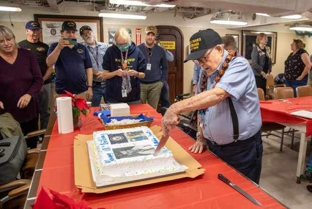 Lloyd Glick, a Navy petty officer that served as a bugler during WWII, celebrated his 100th birthday aboard the historic Battleship USS IOWA on Saturday Dec. 30, 2023. The celebration included Mr. Glick and his family aboard the battleship, and a presentation in the shipxe2x80x99s wardroom. (Contributing photographer Chuck Bennett)